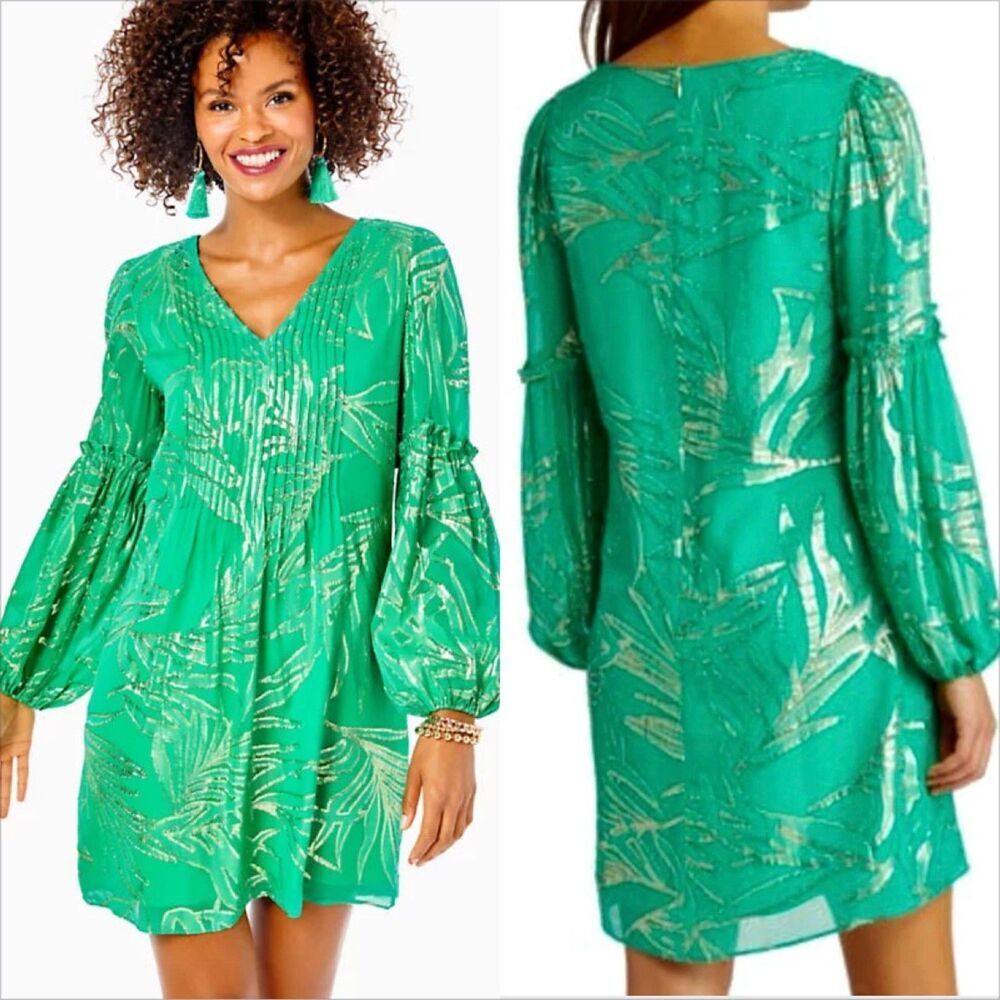 Lilly Pulitzer Cleme Silk Dress Size 4 Botanical Green Palm Leaf Chiffon